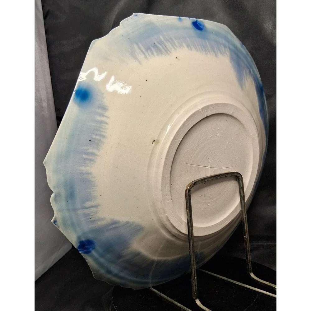 Studio Pottery Crystalline Glaze Blue Scalloped Octagon Plate Signed 9.25 Inch